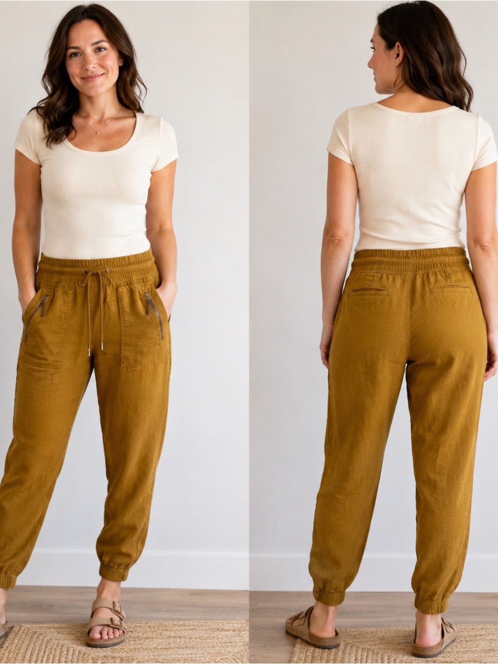 Athleta Cabo Linen Jogger Pants Women’s 0 Mustard Pull On Zipper Pockets